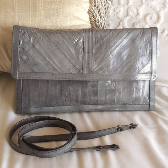 Super Sleek Gray Vintage 🩶Eel Skin Clutch /Shoulder Crossbody Purse - Picture 14 of 15